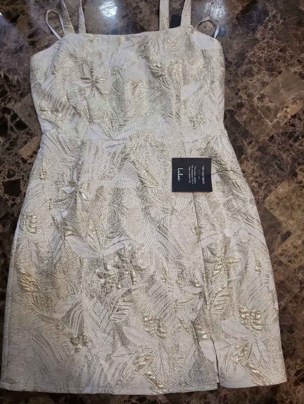 Lulus Cream and Gold Embroidered Cocktail Dress